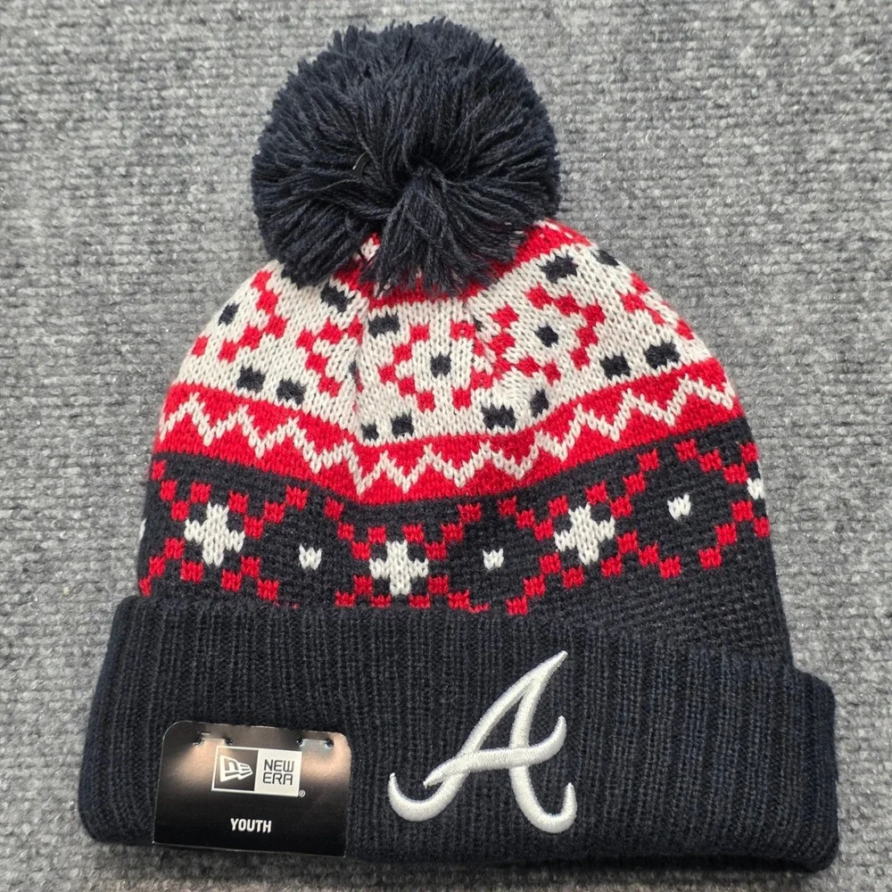 New Era Atlanta Braves Youth Beanie Hat Navy Blue Red Knit Pom Pom 60531003 NWT